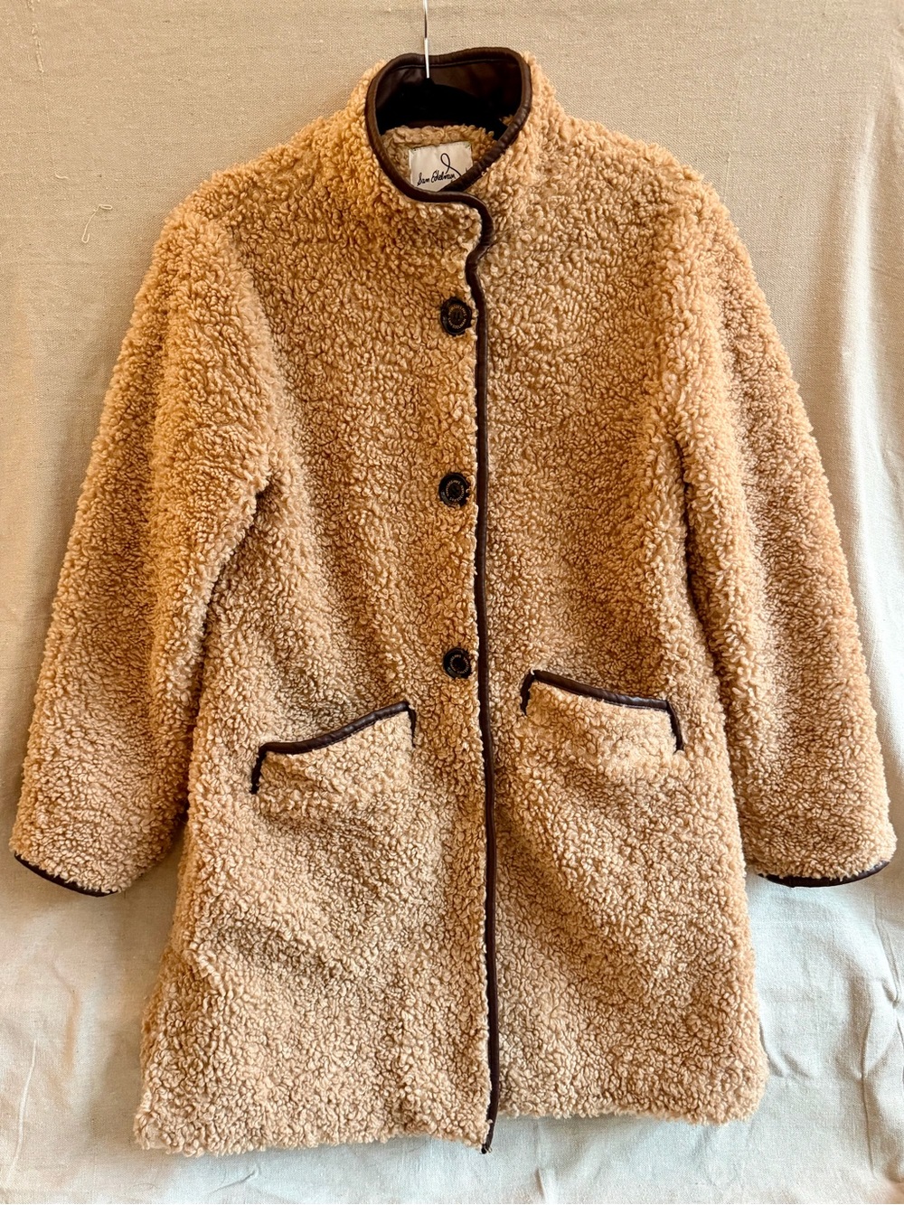 Sam Edelman Teddy Sherpa Coat Women’s M Camel Brown Faux Leather Trim Longline